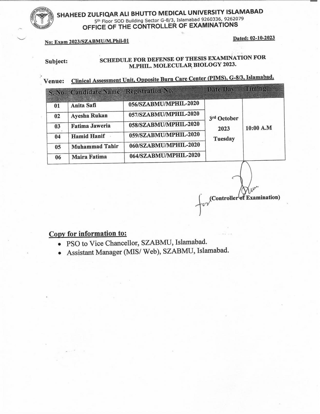 Schedule for Defense of Thesis Examinations for M.Phil. Molecular Biology 2023