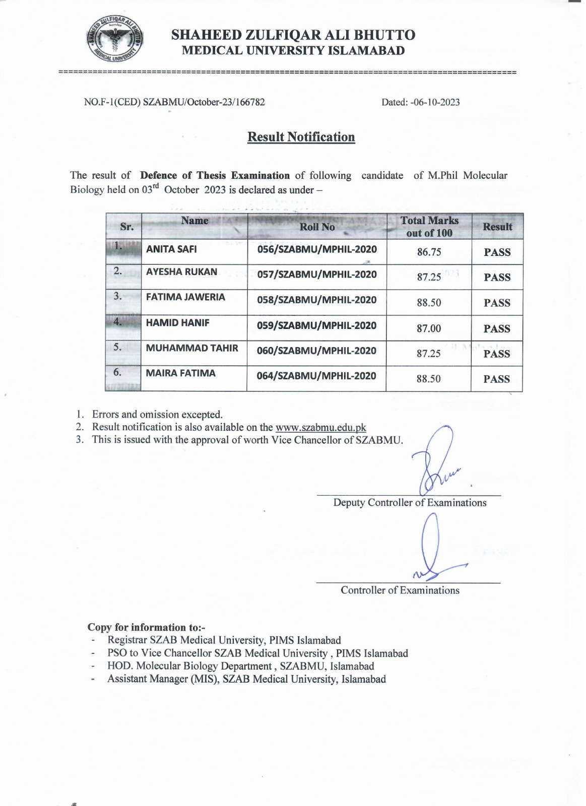 Result Notification - Defense of Thesis Examinations for M.Phil. Molecular Biology 3rd October 2023
