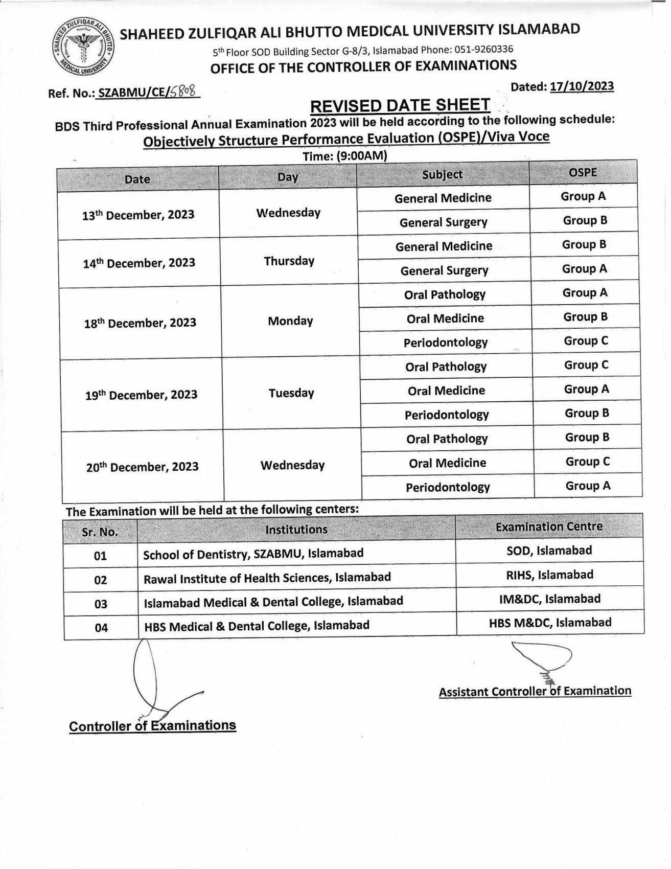 Revised Date Sheet - BDS Third Professional Annual Examination 2023