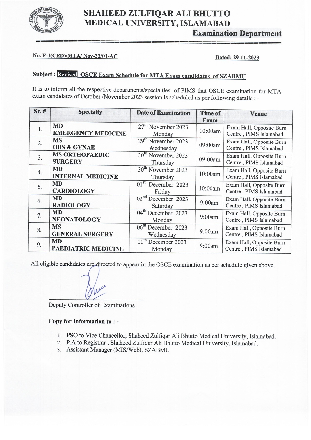 Revised - OSCE EXAM schedule of MTA Candidates Oct/Nov 2023 Session
