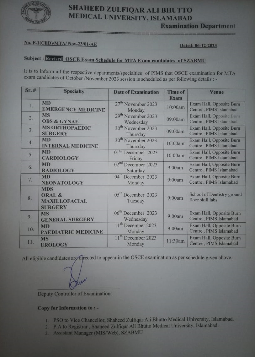 Revised - OSCE EXAM schedule of MTA Candidates Oct/Nov 2023 Session