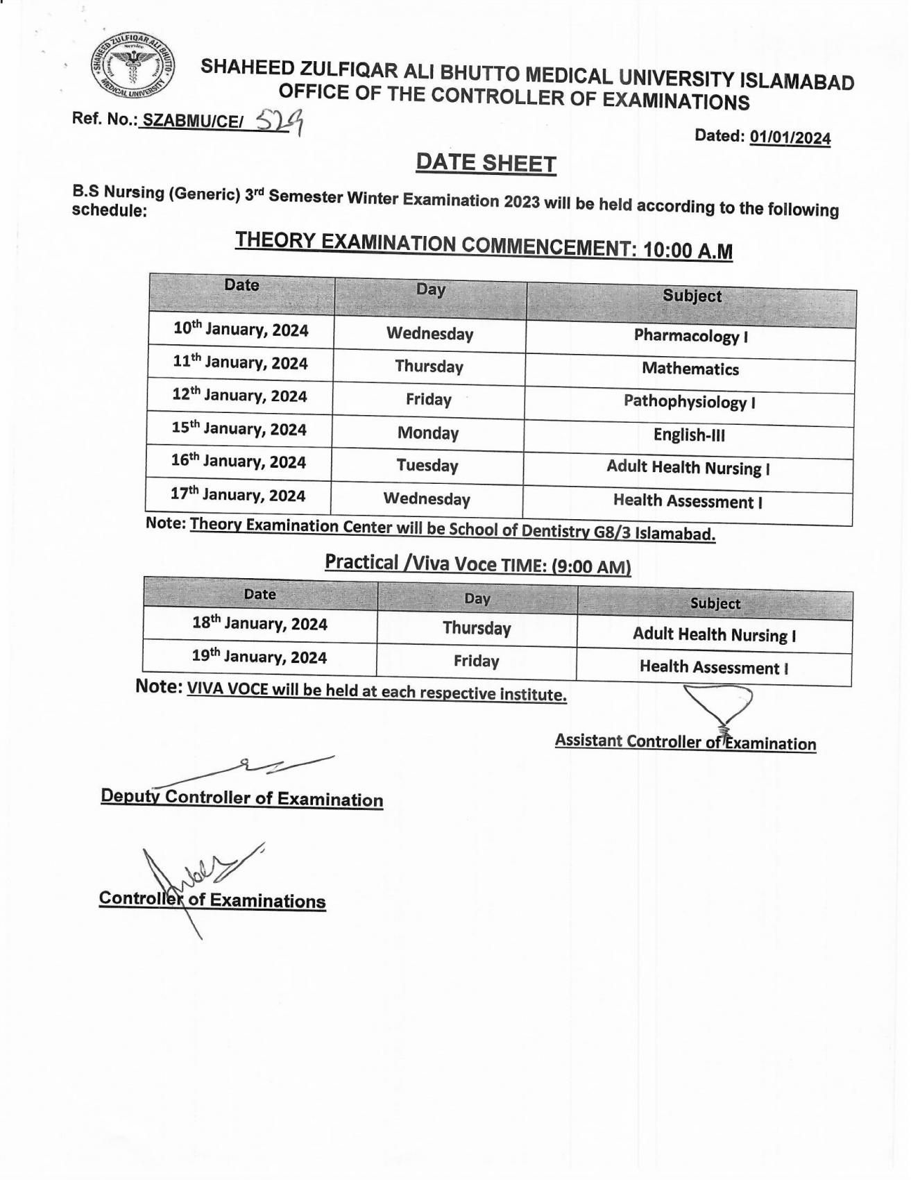 Date Sheet - BS Nursing Winter Examination 2023 | Shaheed Zulfiqar Ali ...