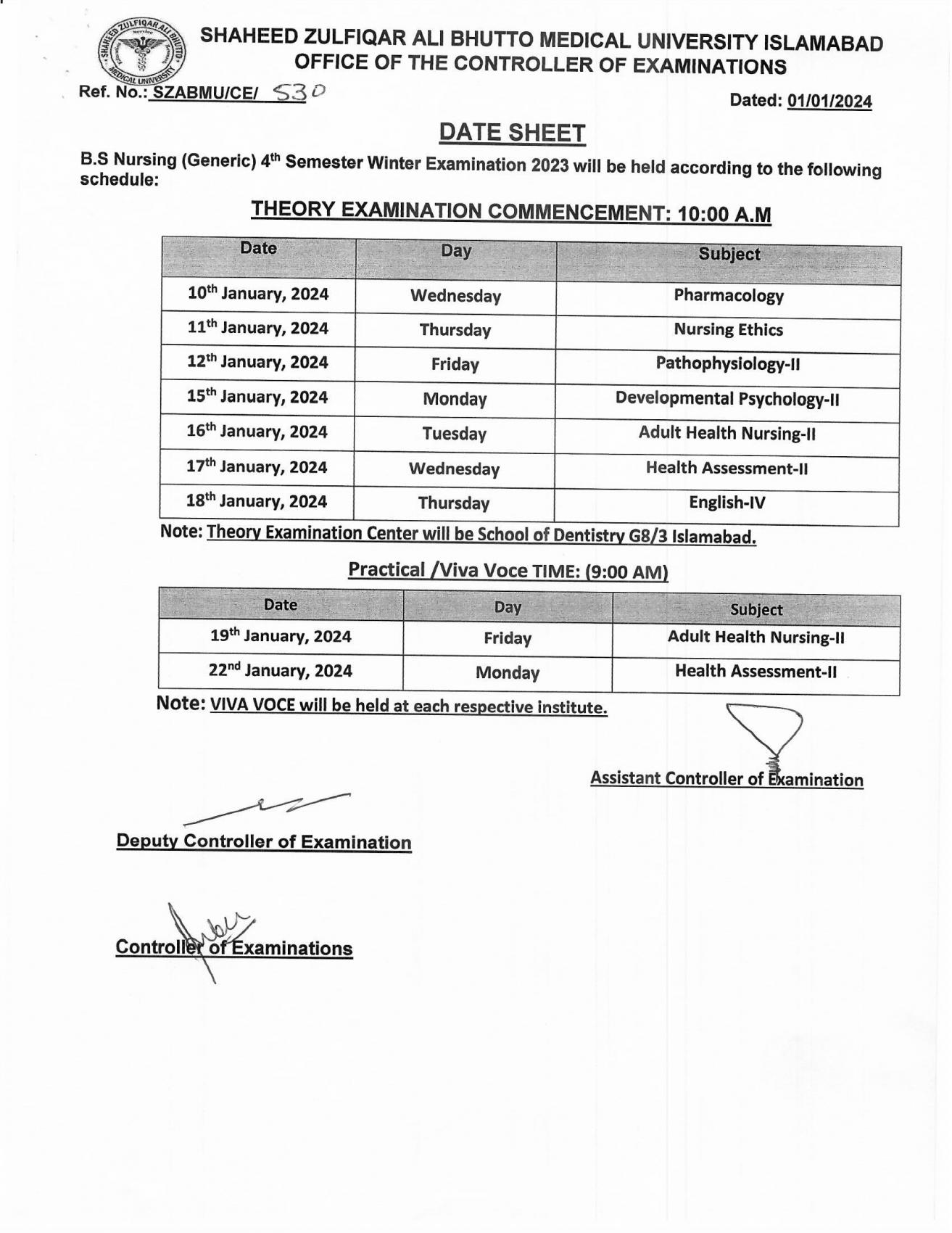 Date Sheet - BS Nursing Winter Examination 2023 | Shaheed Zulfiqar Ali ...