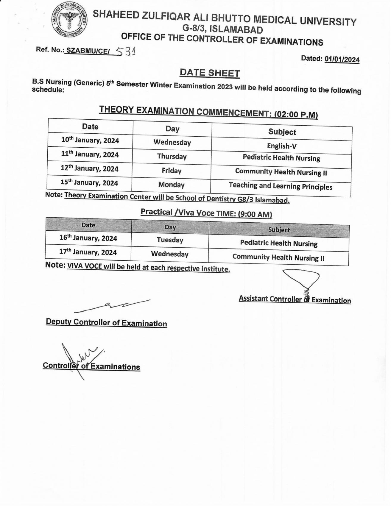Date Sheet - BS Nursing Winter Examination 2023 | Shaheed Zulfiqar Ali ...