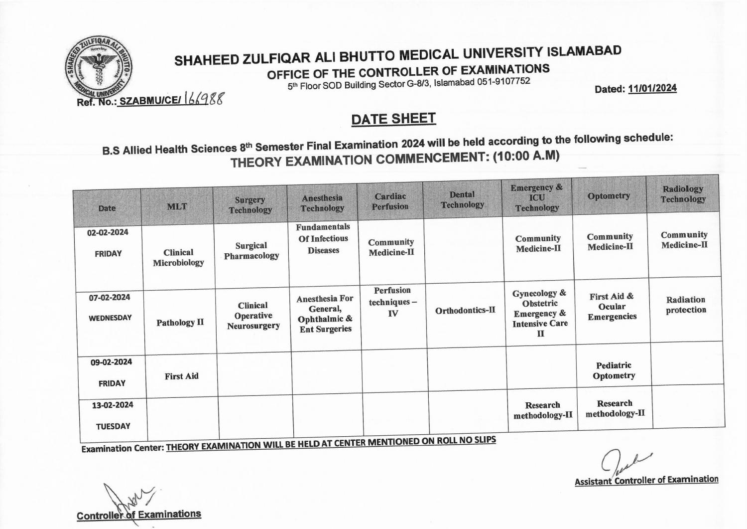 Date Sheet - AHS Final Term Examinations 2024