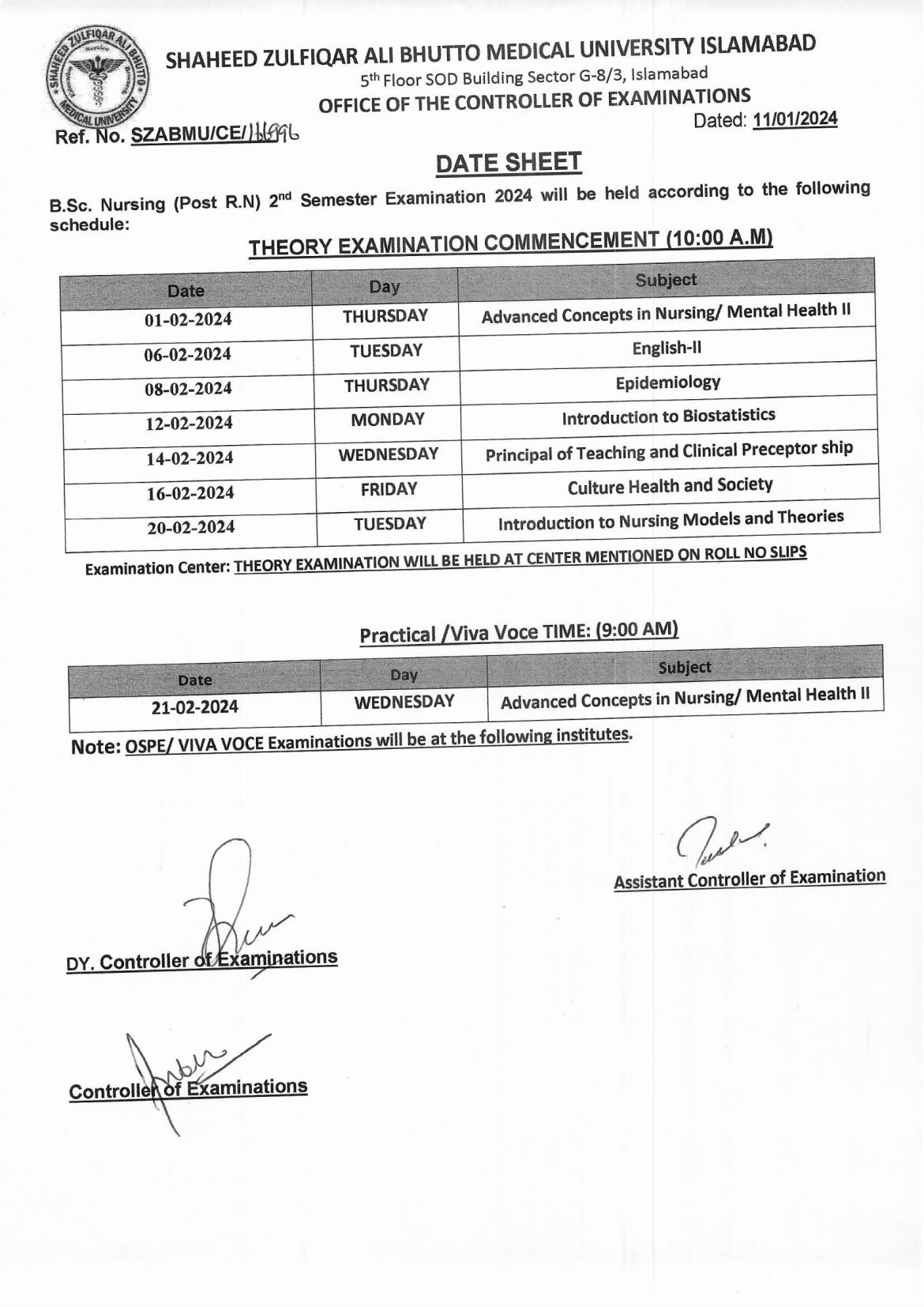 Date Sheet - BSc POST RN Examinations 2024