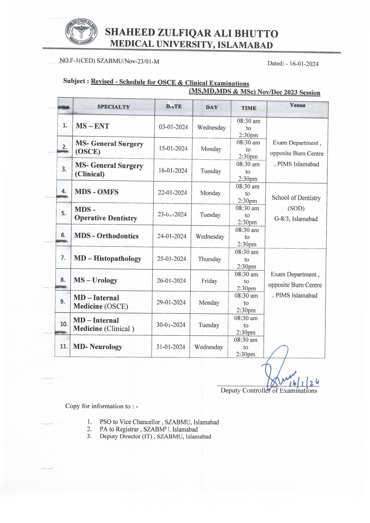 Revised schedule of OSCE and Clinical Exam (MS-MD-MDS -MSc) November/December 2023 session