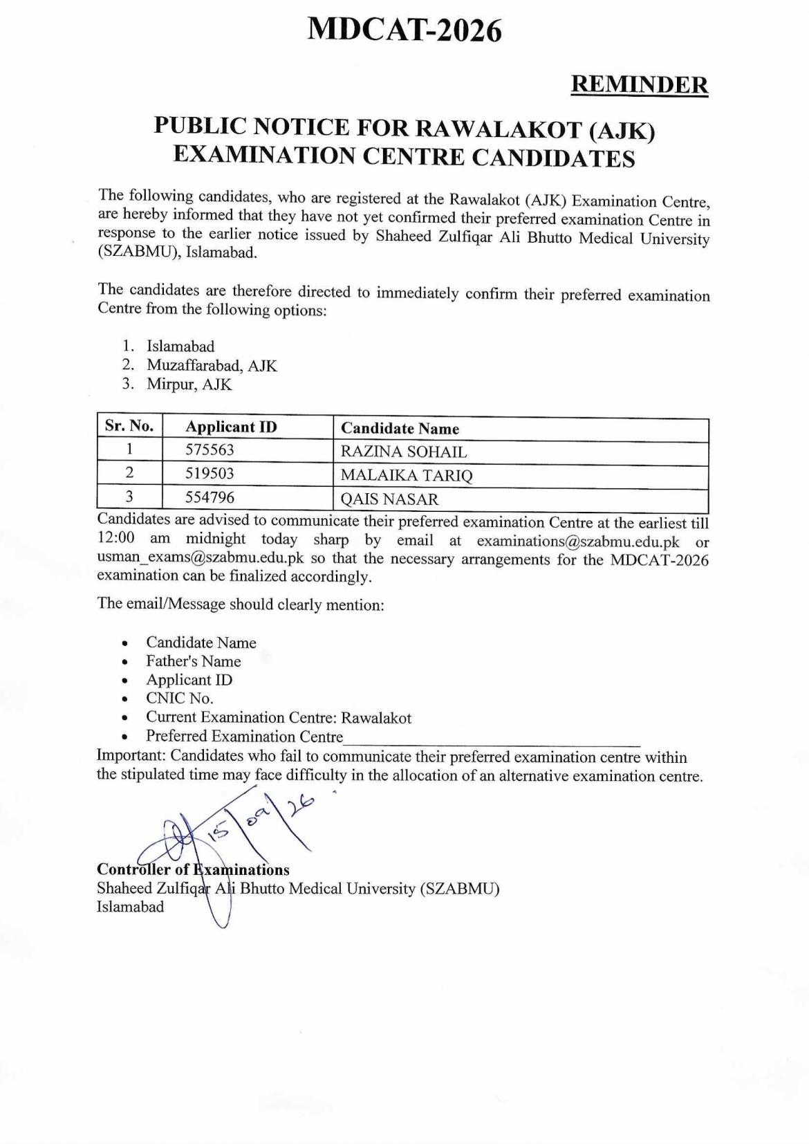 Public Notice MDCAT 2026 - For Rawalakot (AJK) Examination Center Candidates